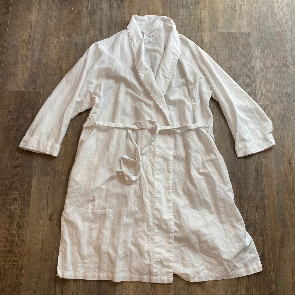 Haven Well Within White Wrap Robe Shawl Collar Belted XXL, Linen and Cotton